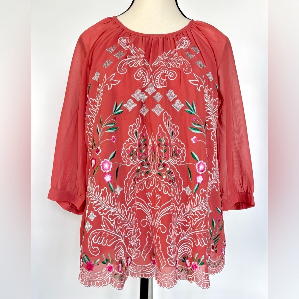 Soft Surroundings Bella Coral Chiffon Boho Embroidered Scallop Edge Top Petite M